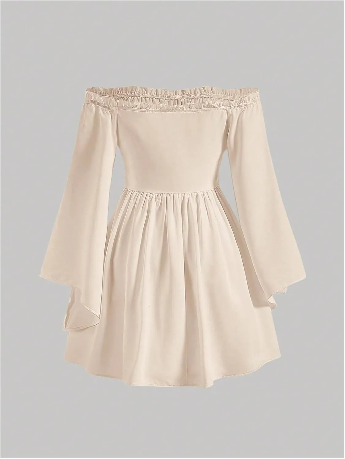 MakeMeChic Women's Casual Solid Off Shoulder Flounce Sleeve Shirred Dress Flared A Line Mini Dresses