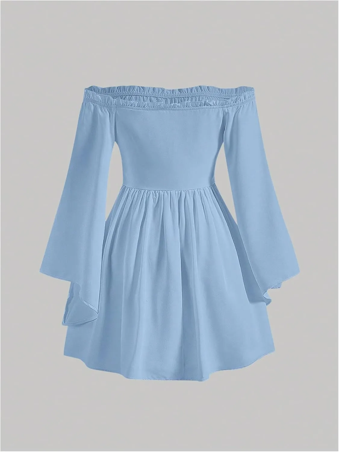 MakeMeChic Women's Casual Solid Off Shoulder Flounce Sleeve Shirred Dress Flared A Line Mini Dresses