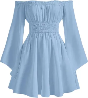 MakeMeChic Women's Casual Solid Off Shoulder Flounce Sleeve Shirred Dress Flared A Line Mini Dresses