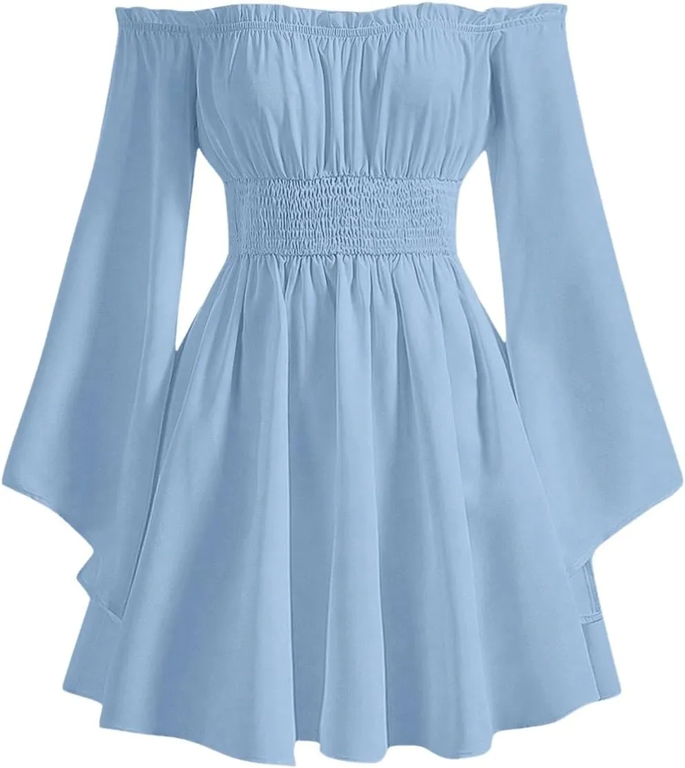 MakeMeChic Women's Casual Solid Off Shoulder Flounce Sleeve Shirred Dress Flared A Line Mini Dresses
