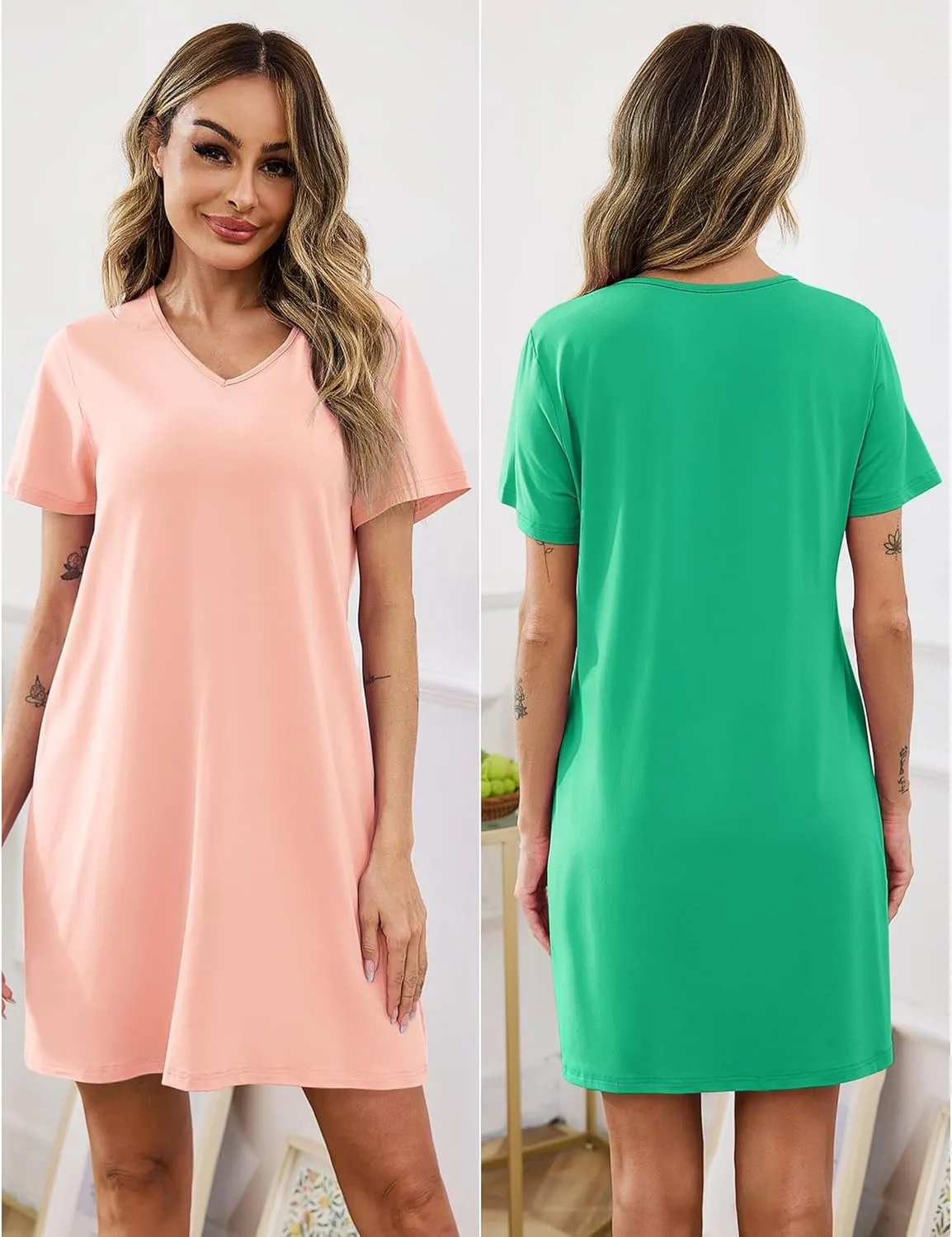 Marvmys Women 2 Pack Nightgowns Soft Short Sleeve Sleep Shirts Sleepwear V Neck Comfy Lounge Dress Nightshirts