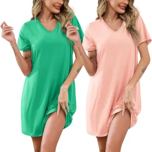 Marvmys Women 2 Pack Nightgowns Soft Short Sleeve Sleep Shirts Sleepwear V Neck Comfy Lounge Dress Nightshirts