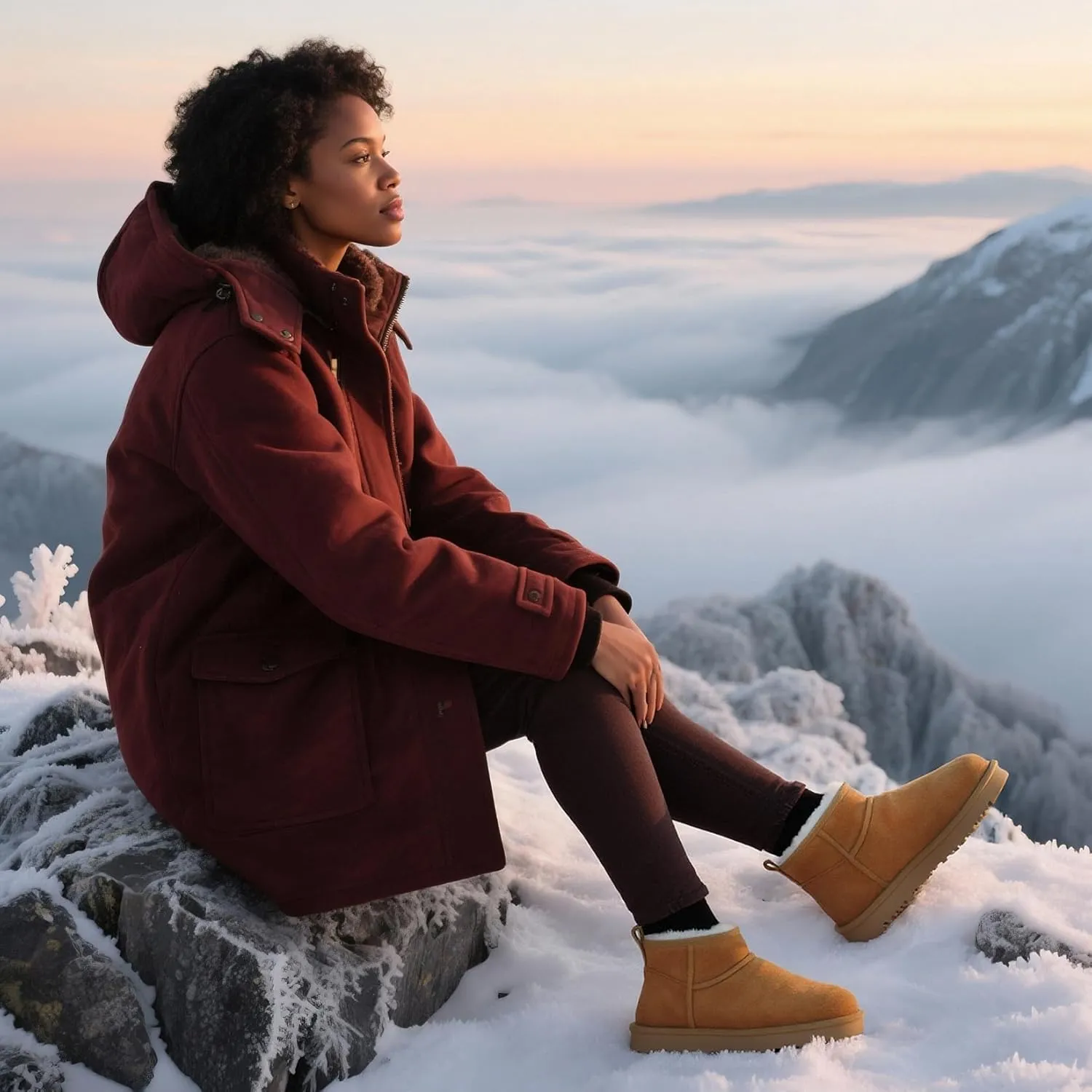 Mel&Syd 100% Australian Sheepskin Boots Womens - Upgraded Memory Foam Insole Waterproof Suede Ultra Mini Boots - Anti-Slip Comfy Winter Shearling Boots for Womens - Ankle Platform Snow Boots for Women