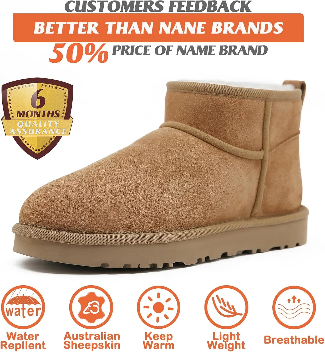 Mel&Syd 100% Australian Sheepskin Boots Womens - Upgraded Memory Foam Insole Waterproof Suede Ultra Mini Boots - Anti-Slip Comfy Winter Shearling Boots for Womens - Ankle Platform Snow Boots for Women