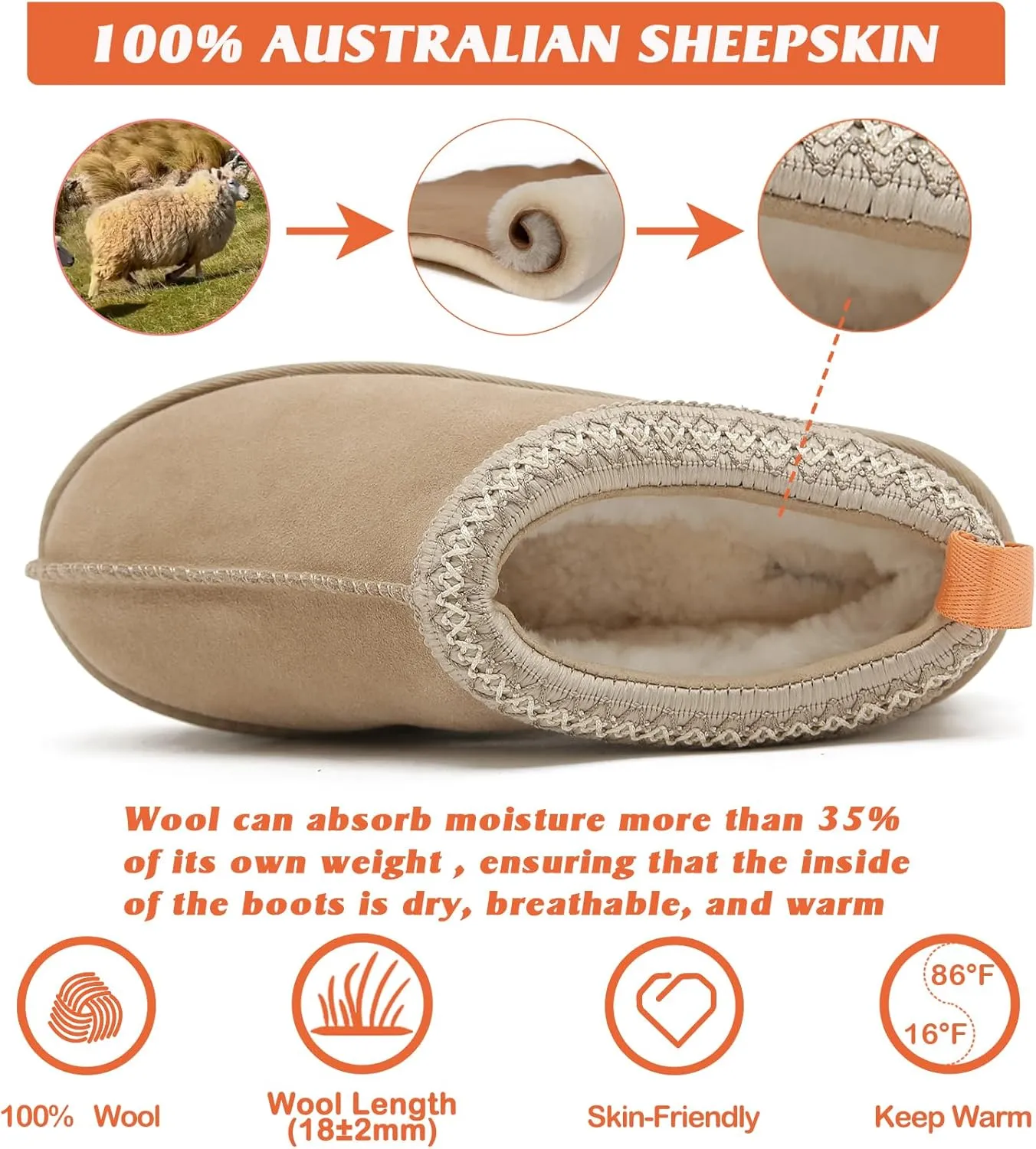 Mel&Syd Slippers for Womens 100% Australian Sheepskin - Real Shearling Fur Wool Womens's Slippers - Upgrated Memory Foam Slippers - No Slip Winter Snow Scuff Slippers Footwear Indoor Outdoor