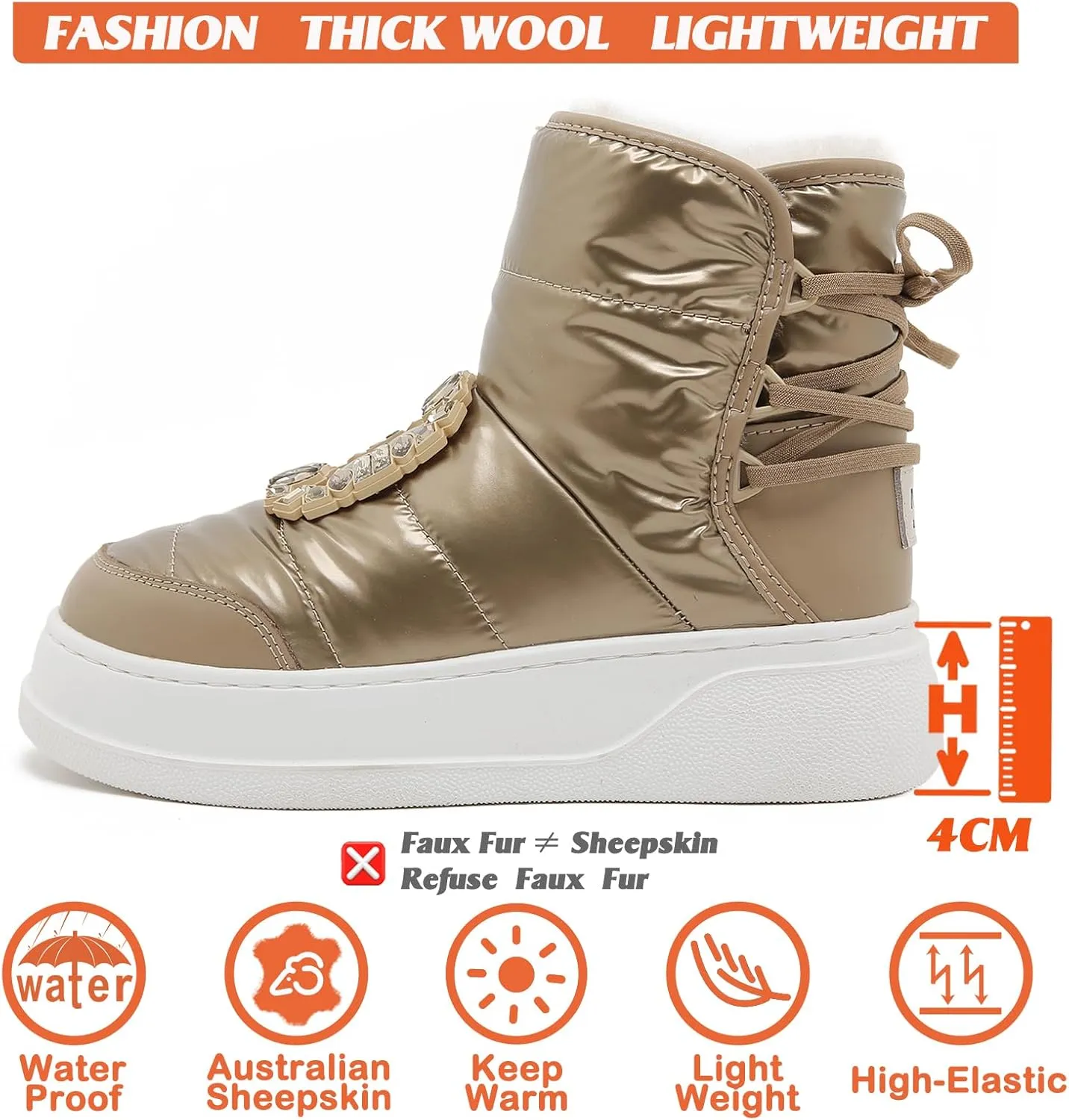 Mel&Syd Womens Waterproof Winter Snow Boots 100% Australian Sheepskin Inner Warmth Comfy Wool Fur Insulated Shell Anti-slip Lace Up Lightweight Elastic Platform Boots With Big Square Diamond