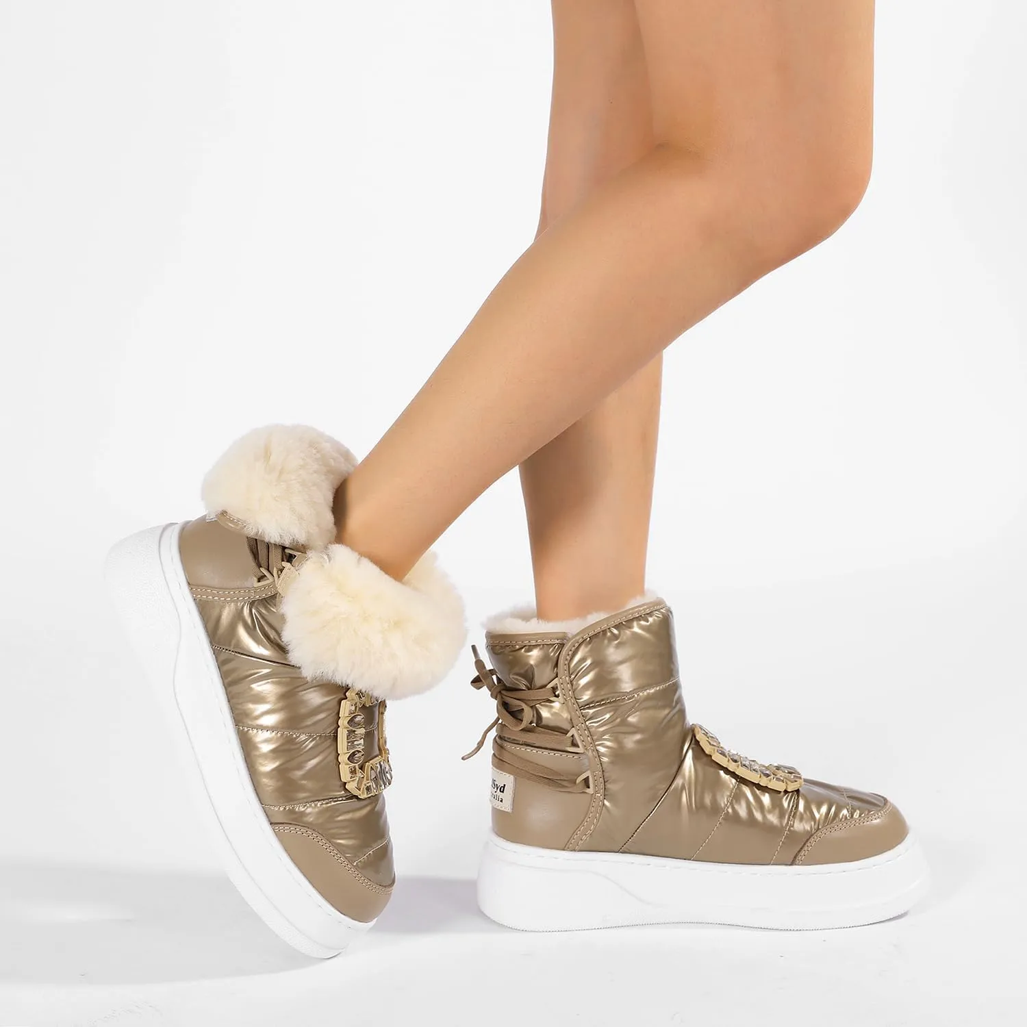 Mel&Syd Womens Waterproof Winter Snow Boots 100% Australian Sheepskin Inner Warmth Comfy Wool Fur Insulated Shell Anti-slip Lace Up Lightweight Elastic Platform Boots With Big Square Diamond