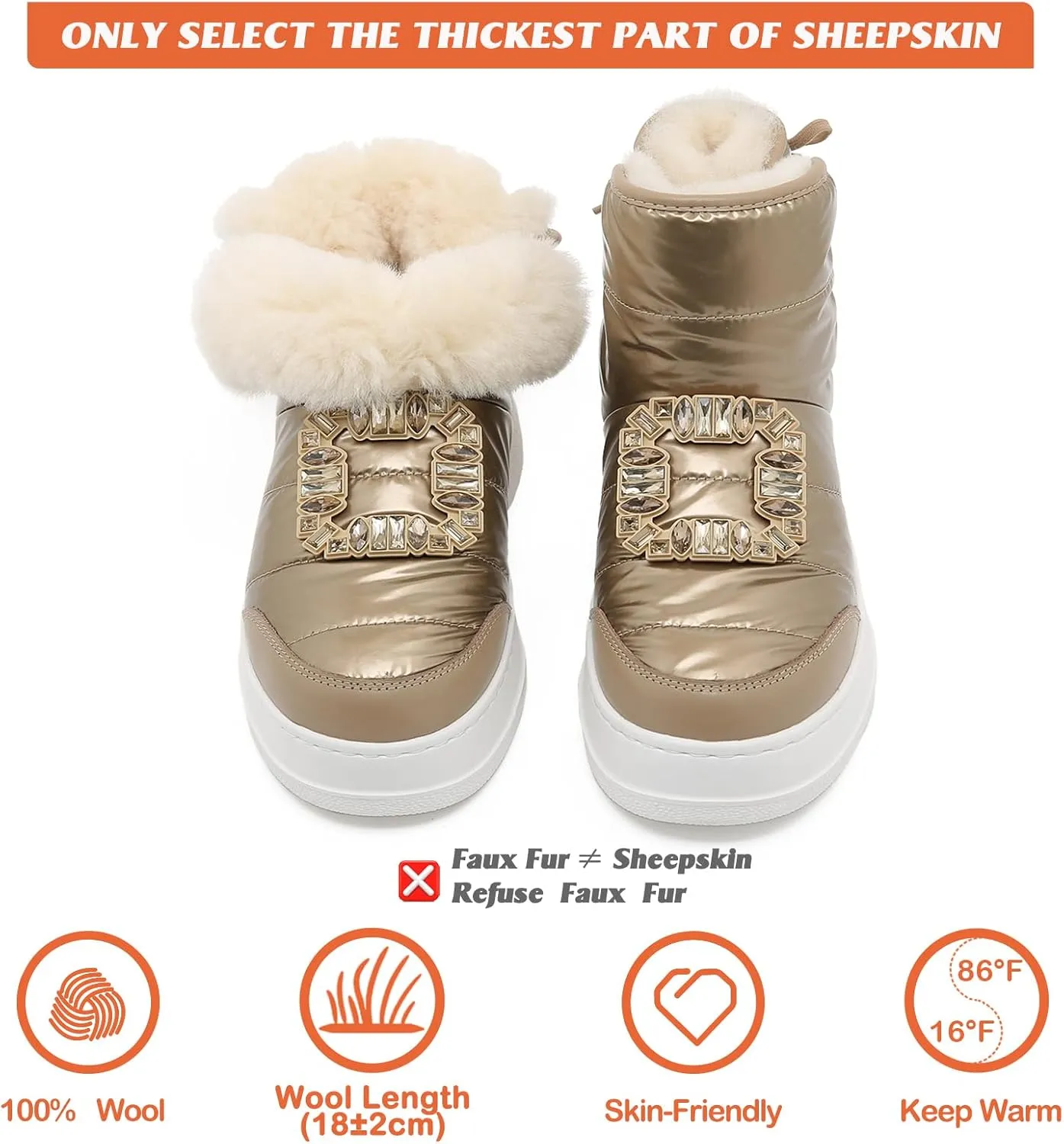 Mel&Syd Womens Waterproof Winter Snow Boots 100% Australian Sheepskin Inner Warmth Comfy Wool Fur Insulated Shell Anti-slip Lace Up Lightweight Elastic Platform Boots With Big Square Diamond