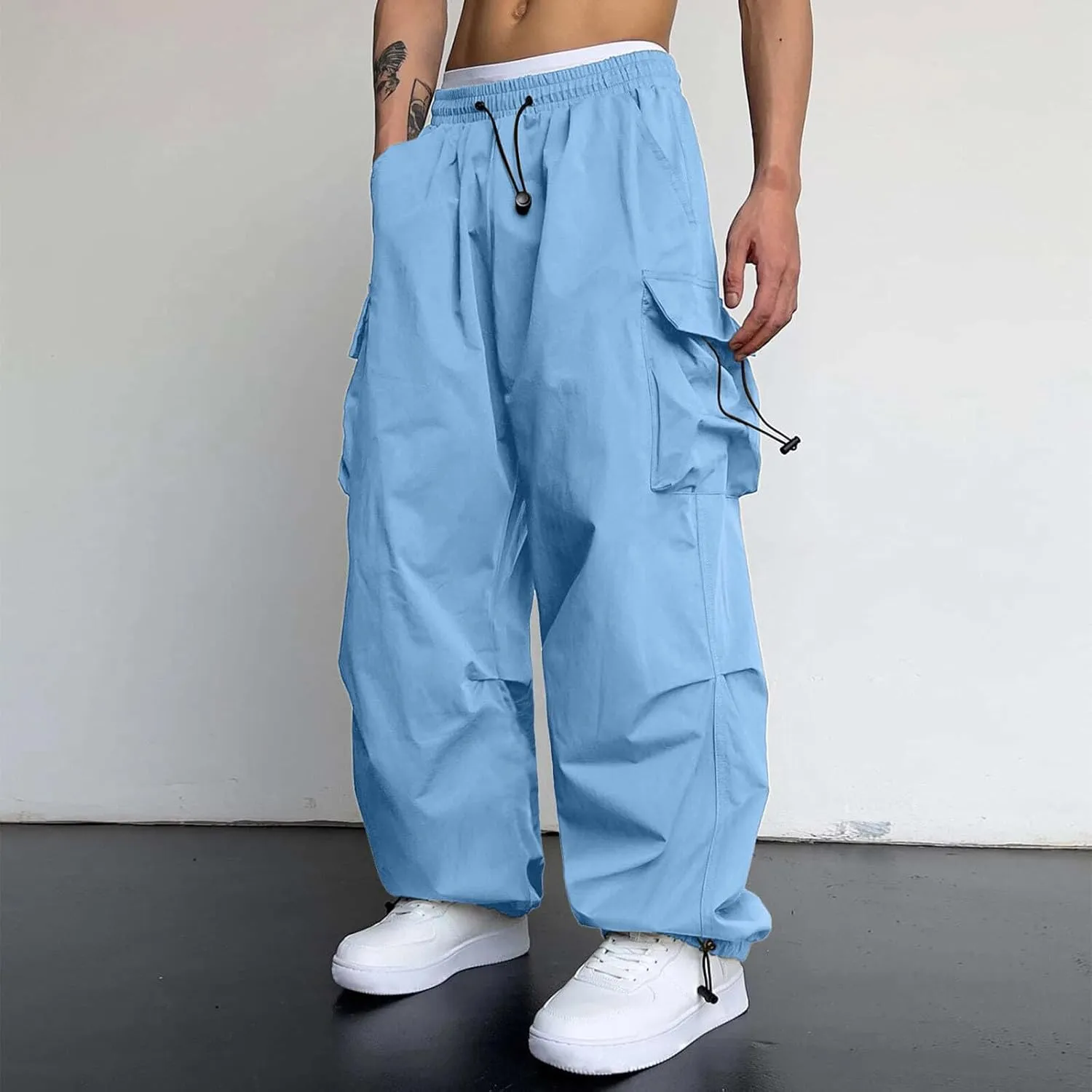 Men Cargo Combat Work Pant Yoga Jogger Summer Soft Sweat Pants Loose Open Hem Elastic Waist Lounge Pants