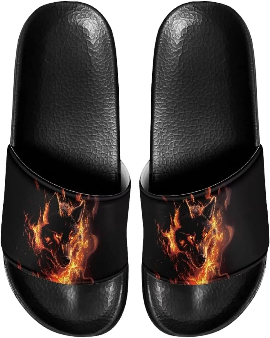 Men Casual Peep Toe Beach Plain Slippers Slip On Sandals Slides Shower Shoes Outdoor&Indoor House Slippers Fire Wolf Pattern