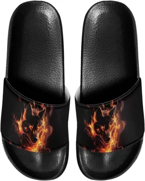 Men Casual Peep Toe Beach Plain Slippers Slip On Sandals Slides Shower Shoes Outdoor&Indoor House Slippers Fire Wolf Pattern