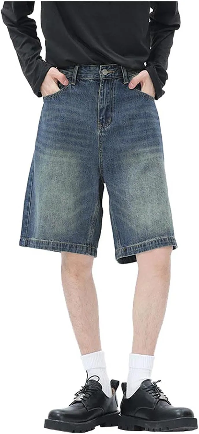 Men Y2K Vintage Baggy Jean Shorts Casual Hip Hop Long Loose Fit Denim Shorts Trendy Outfits