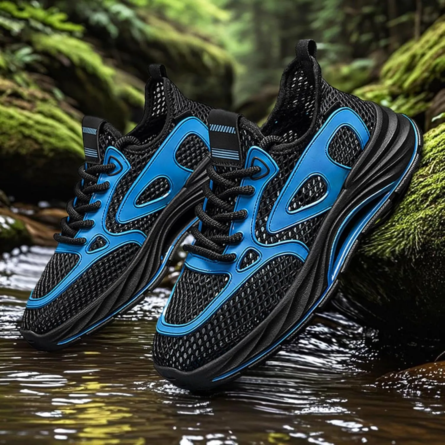 Men's Breathable Mesh Hiking Shoes with Drainage Channels Water Outdoor Sneakers for Stream Trekking & Rocky Terrain Anti-Slip Traction Grooves & Wear-Resistant Outsole for Summer Trails