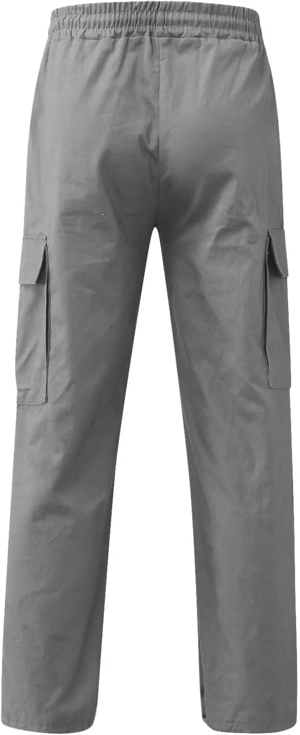 Men's Cargo Combat Pants Casual Linen Stretch Elastic Waist Pant Sweatpants Joggers Loose Gym Yoga Jogging