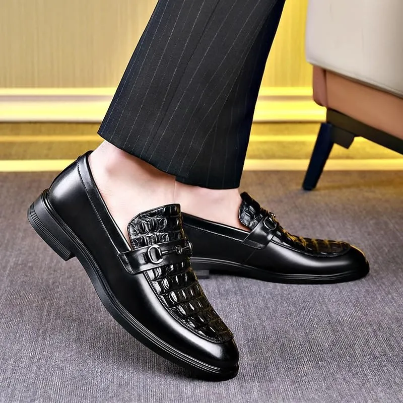 Men's Classic Retro Casual Business Shoes Crocodile Grain Leather Buckle Mens Fashion Wedding Party Loafers Men Slip-on Flats