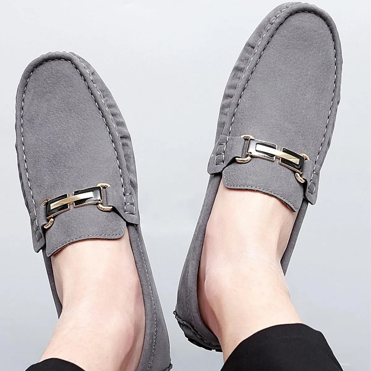 Men's Driving Loafers Black Slip-On with Suede Buckle Detail Moccasins