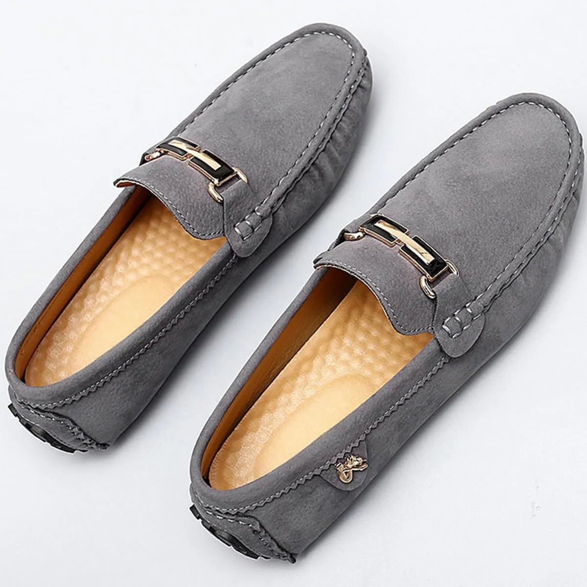 Men's Driving Loafers Black Slip-On with Suede Buckle Detail Moccasins