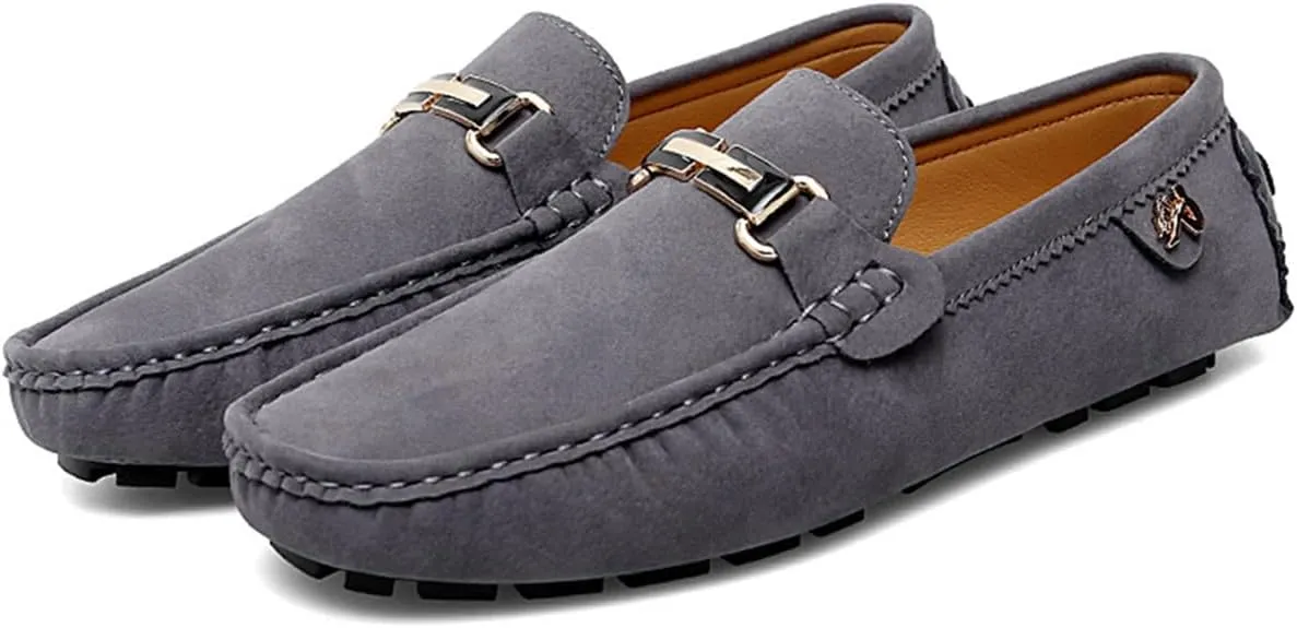 Men's Driving Loafers Black Slip-On with Suede Buckle Detail Moccasins