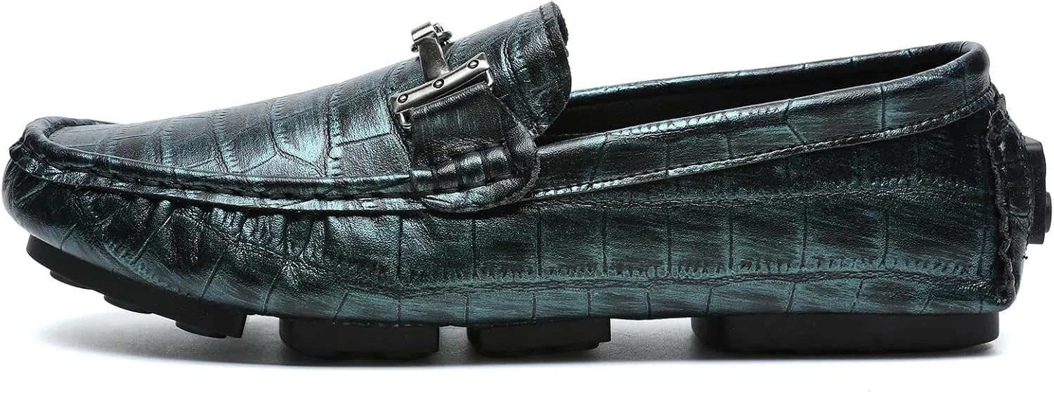 Men's Driving Loafers Casual Penny Loafers Metallic Leather Crocodile Pattern Slip-On Moccasins with Metal Buckle Soft Work Boat Shoes