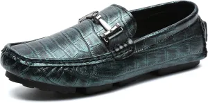 Men's Driving Loafers Casual Penny Loafers Metallic Leather Crocodile Pattern Slip-On Moccasins with Metal Buckle Soft Work Boat Shoes
