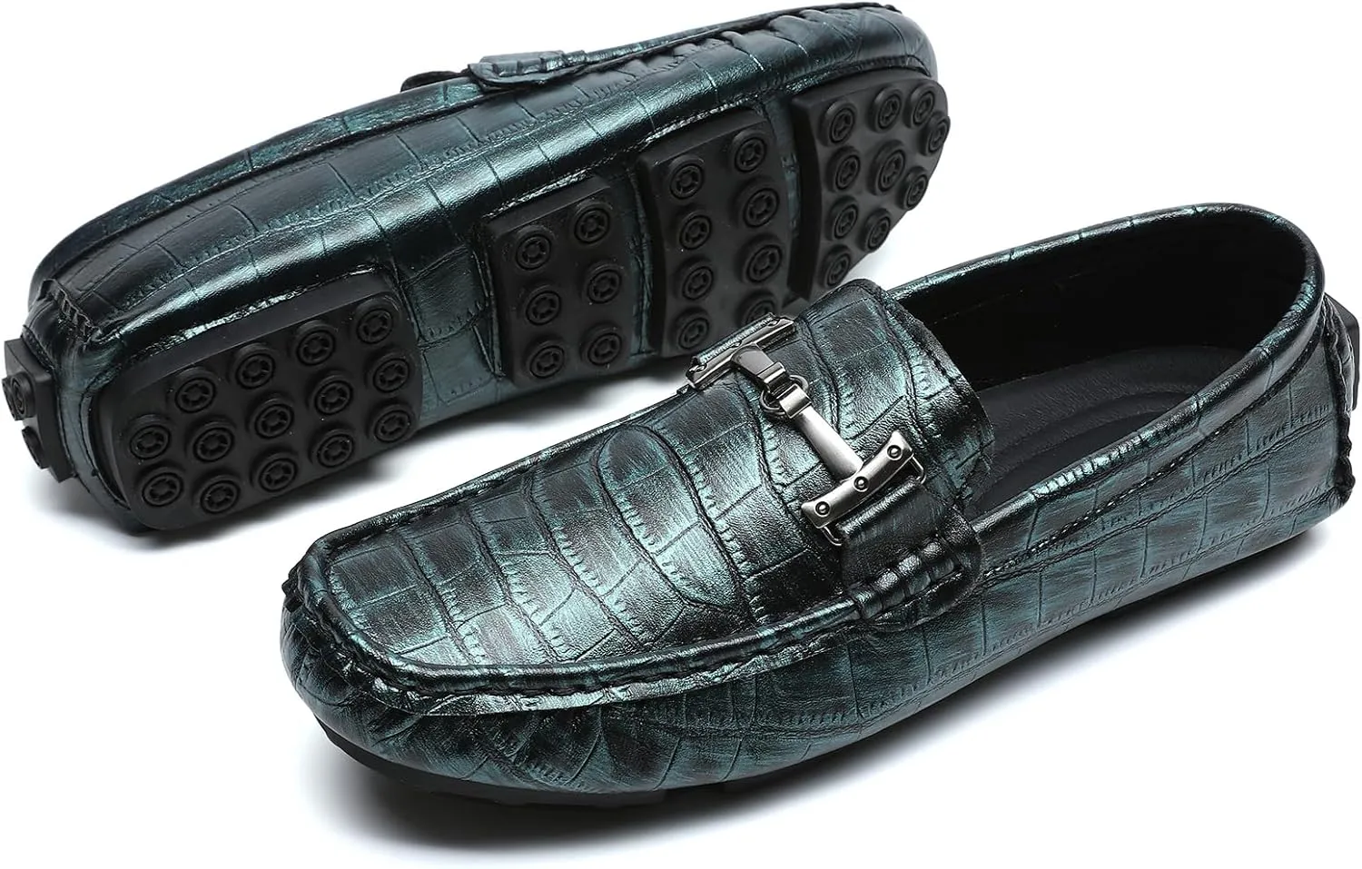Men's Driving Loafers Casual Penny Loafers Metallic Leather Crocodile Pattern Slip-On Moccasins with Metal Buckle Soft Work Boat Shoes