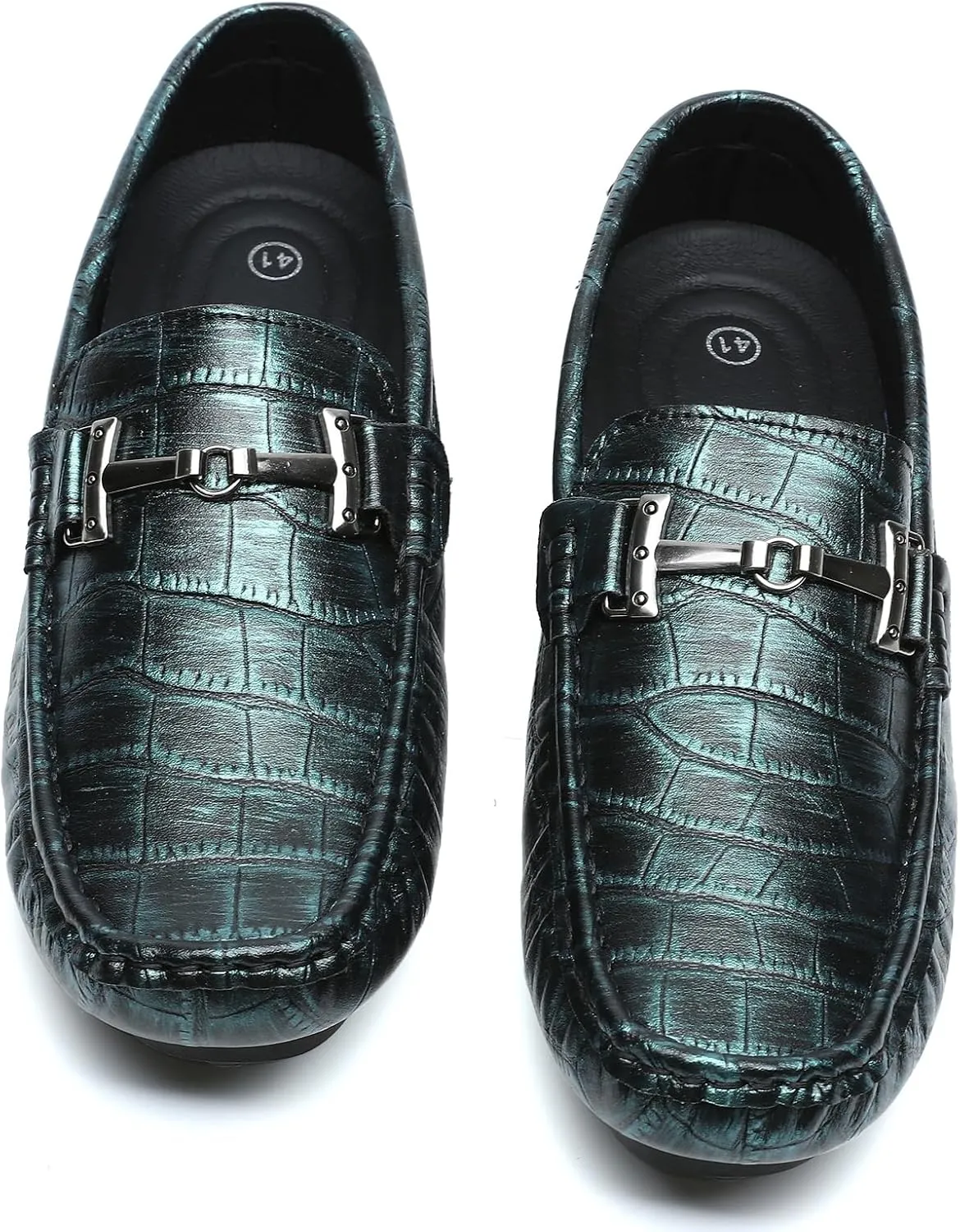 Men's Driving Loafers Casual Penny Loafers Metallic Leather Crocodile Pattern Slip-On Moccasins with Metal Buckle Soft Work Boat Shoes