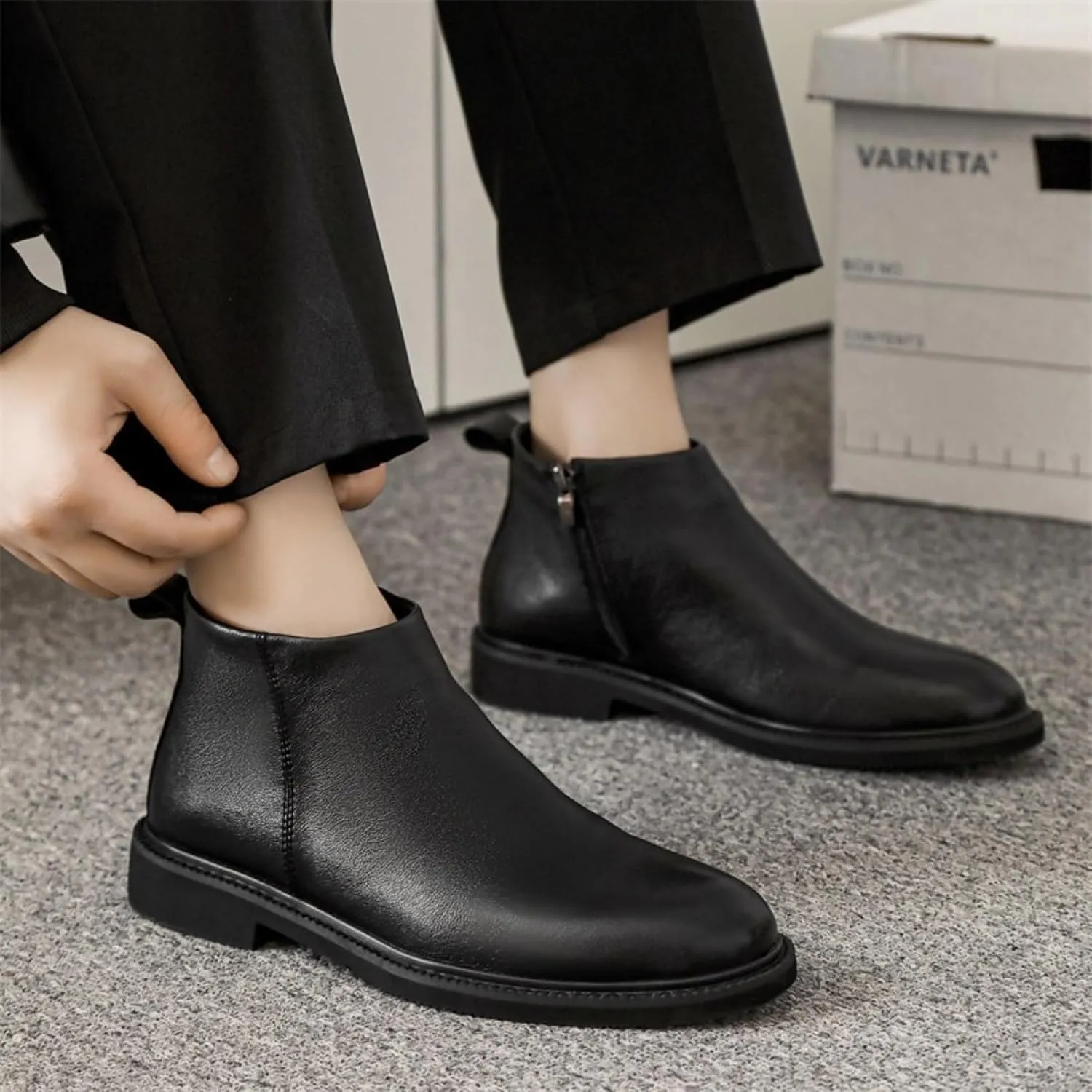 Men's Formal Mid Top Dress Shoes Side Zipper Black Leather Ankle Boots