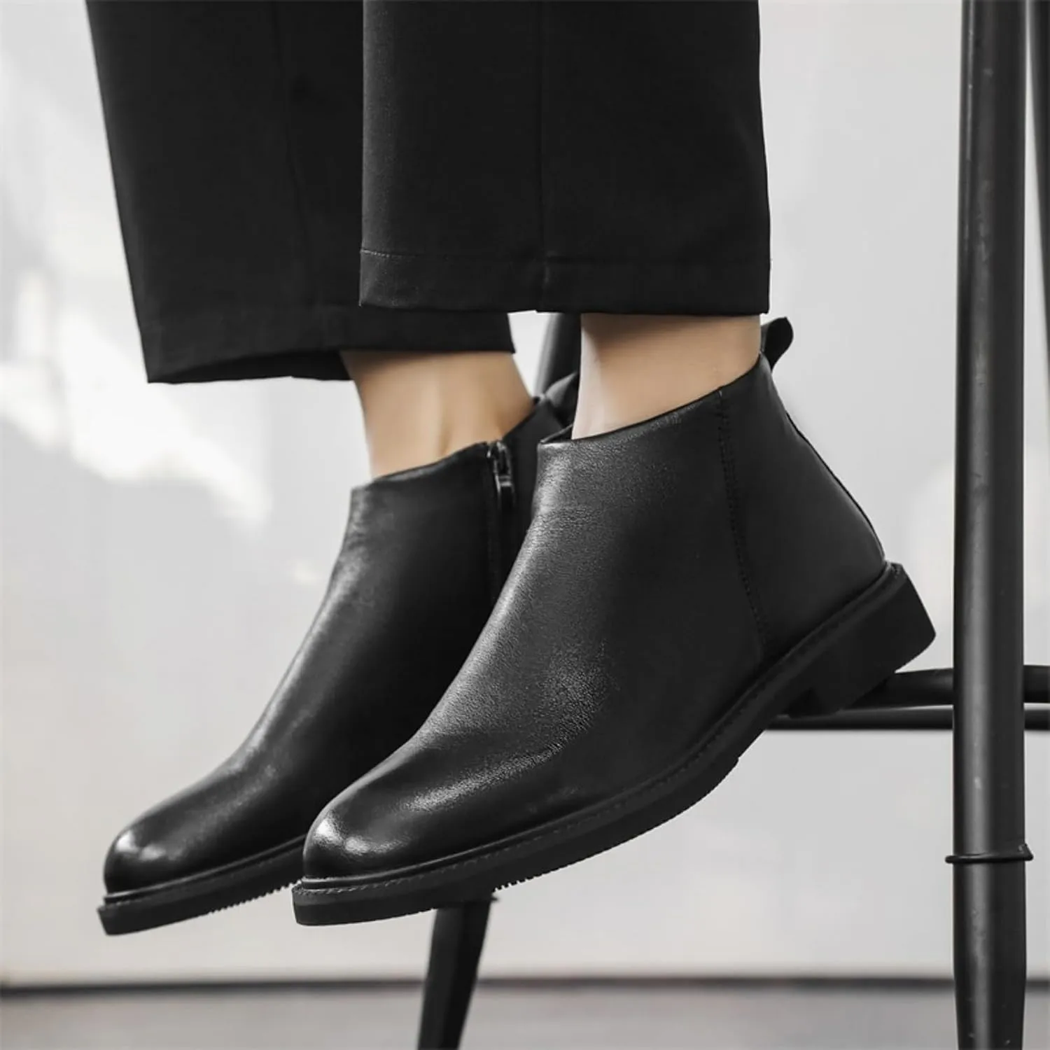 Men's Formal Mid Top Dress Shoes Side Zipper Black Leather Ankle Boots
