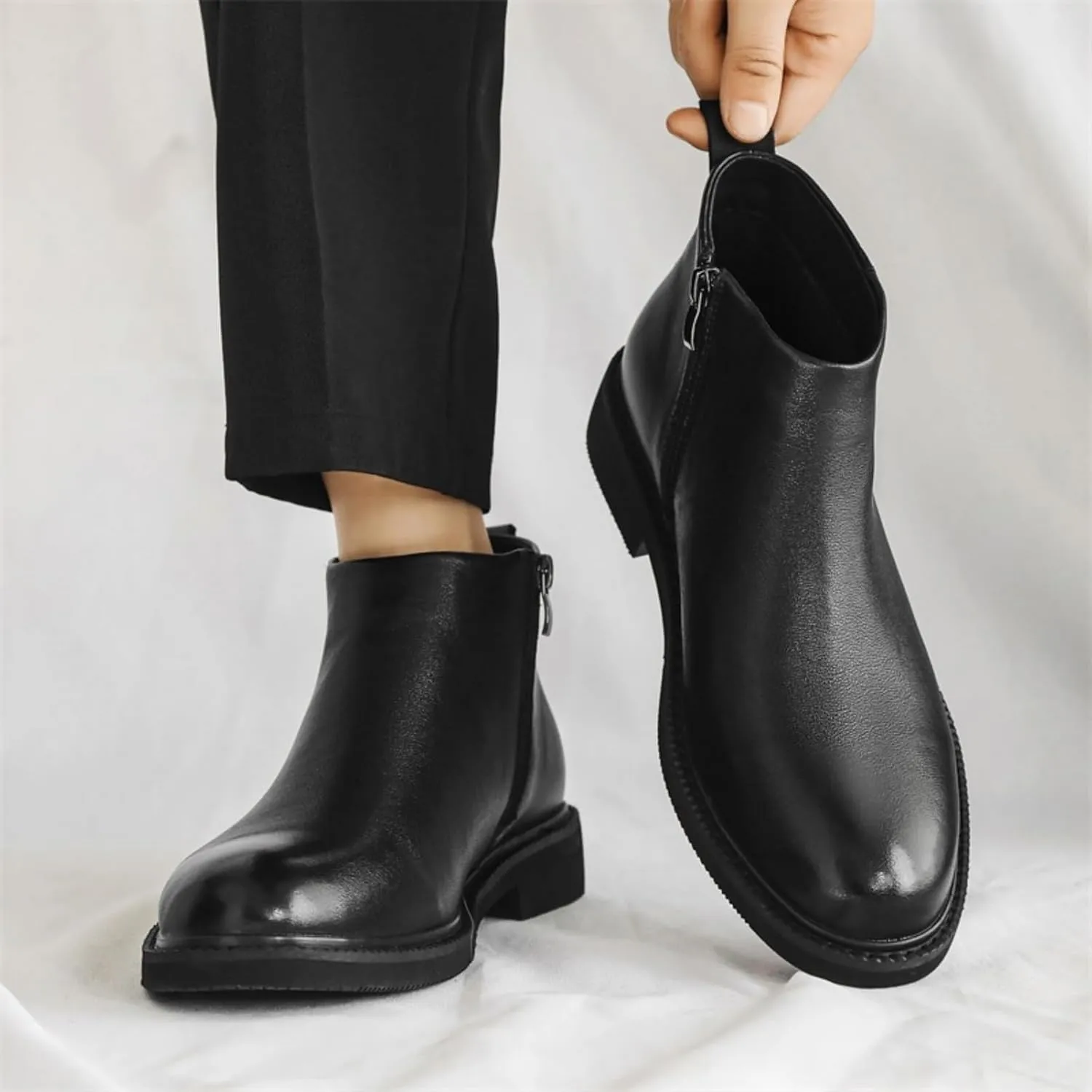 Men's Formal Mid Top Dress Shoes Side Zipper Black Leather Ankle Boots