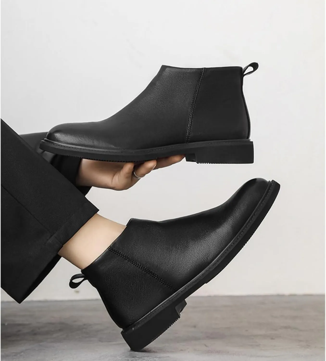Men's Formal Mid Top Dress Shoes Side Zipper Black Leather Ankle Boots