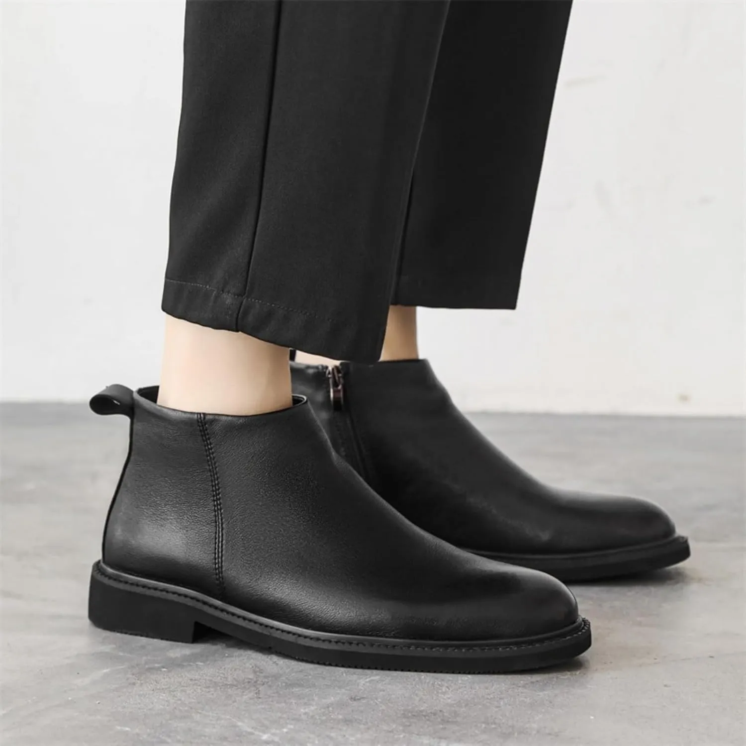 Men's Formal Mid Top Dress Shoes Side Zipper Black Leather Ankle Boots