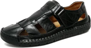 Men's Genuine Leather Handmade Hook Loop Fisherman Sandals Comfortable Hollow Non-Slip Walking Flats Slip On Closed Toe Soft Sole Breathable Summer Loafer Sandals