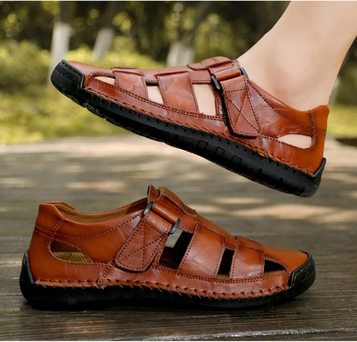 Men's Genuine Leather Handmade Hook Loop Fisherman Sandals Comfortable Hollow Non-Slip Walking Flats Slip On Closed Toe Soft Sole Breathable Summer Loafer Sandals
