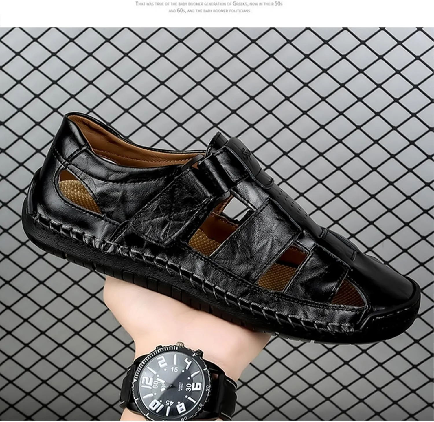 Men's Genuine Leather Handmade Hook Loop Fisherman Sandals Comfortable Hollow Non-Slip Walking Flats Slip On Closed Toe Soft Sole Breathable Summer Loafer Sandals