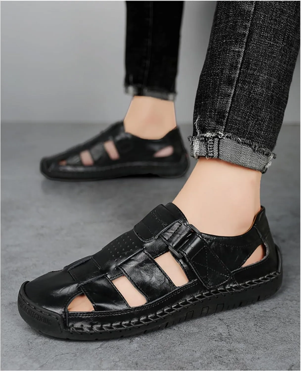 Men's Genuine Leather Handmade Hook Loop Fisherman Sandals Comfortable Hollow Non-Slip Walking Flats Slip On Closed Toe Soft Sole Breathable Summer Loafer Sandals