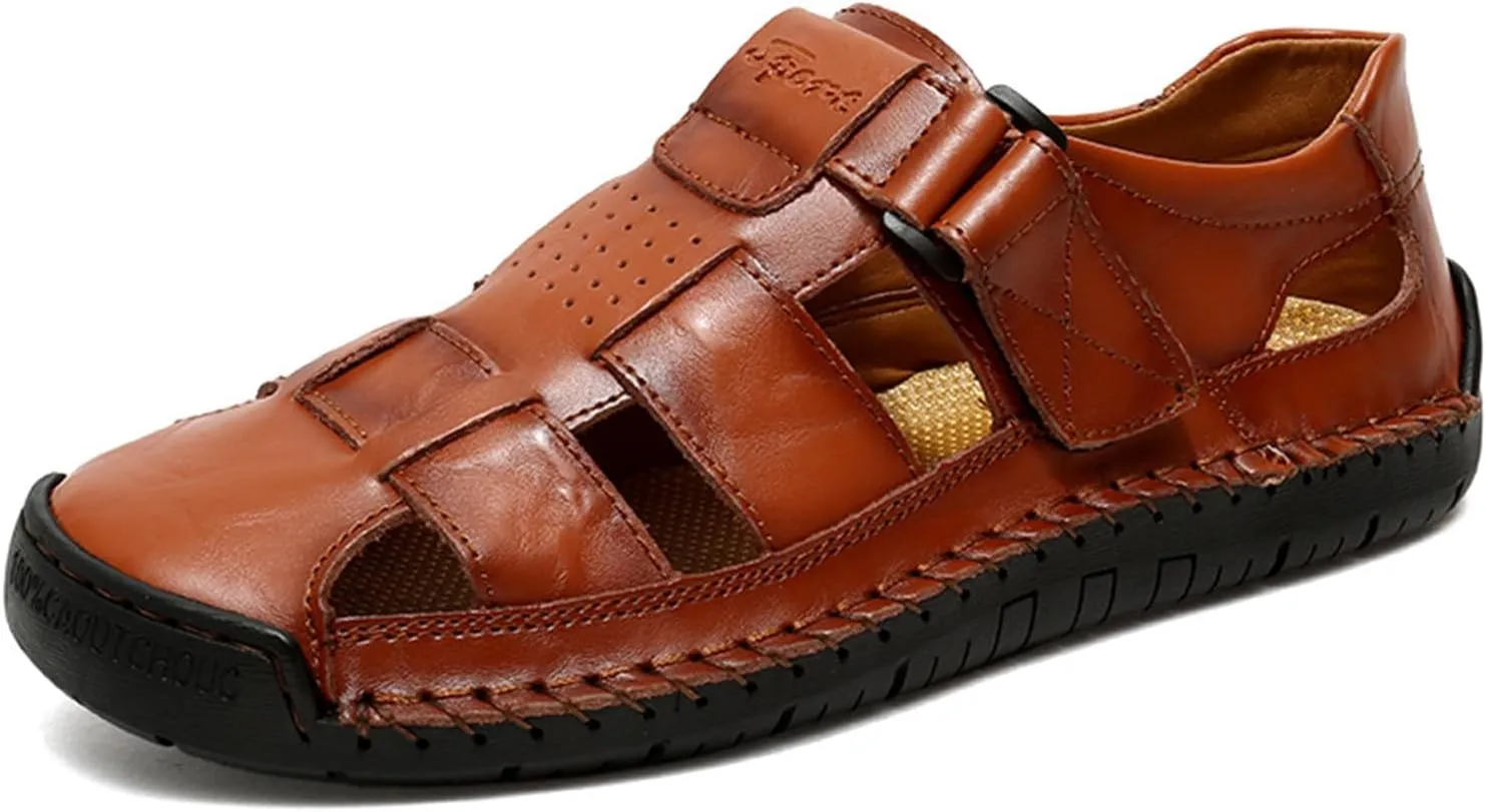 Men's Genuine Leather Handmade Hook Loop Fisherman Sandals Comfortable Hollow Non-Slip Walking Flats Slip On Closed Toe Soft Sole Breathable Summer Loafer Sandals