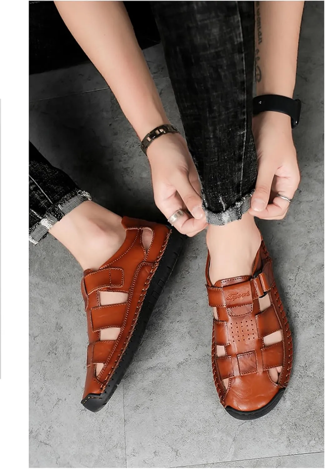 Men's Genuine Leather Handmade Hook Loop Fisherman Sandals Comfortable Hollow Non-Slip Walking Flats Slip On Closed Toe Soft Sole Breathable Summer Loafer Sandals