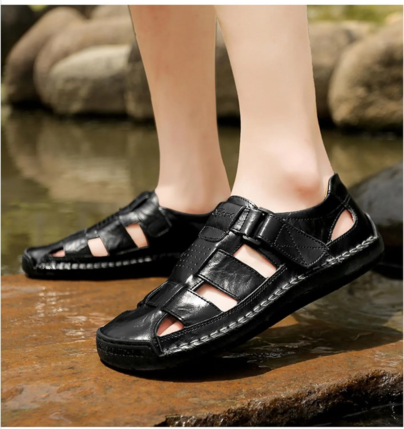 Men's Genuine Leather Handmade Hook Loop Fisherman Sandals Comfortable Hollow Non-Slip Walking Flats Slip On Closed Toe Soft Sole Breathable Summer Loafer Sandals
