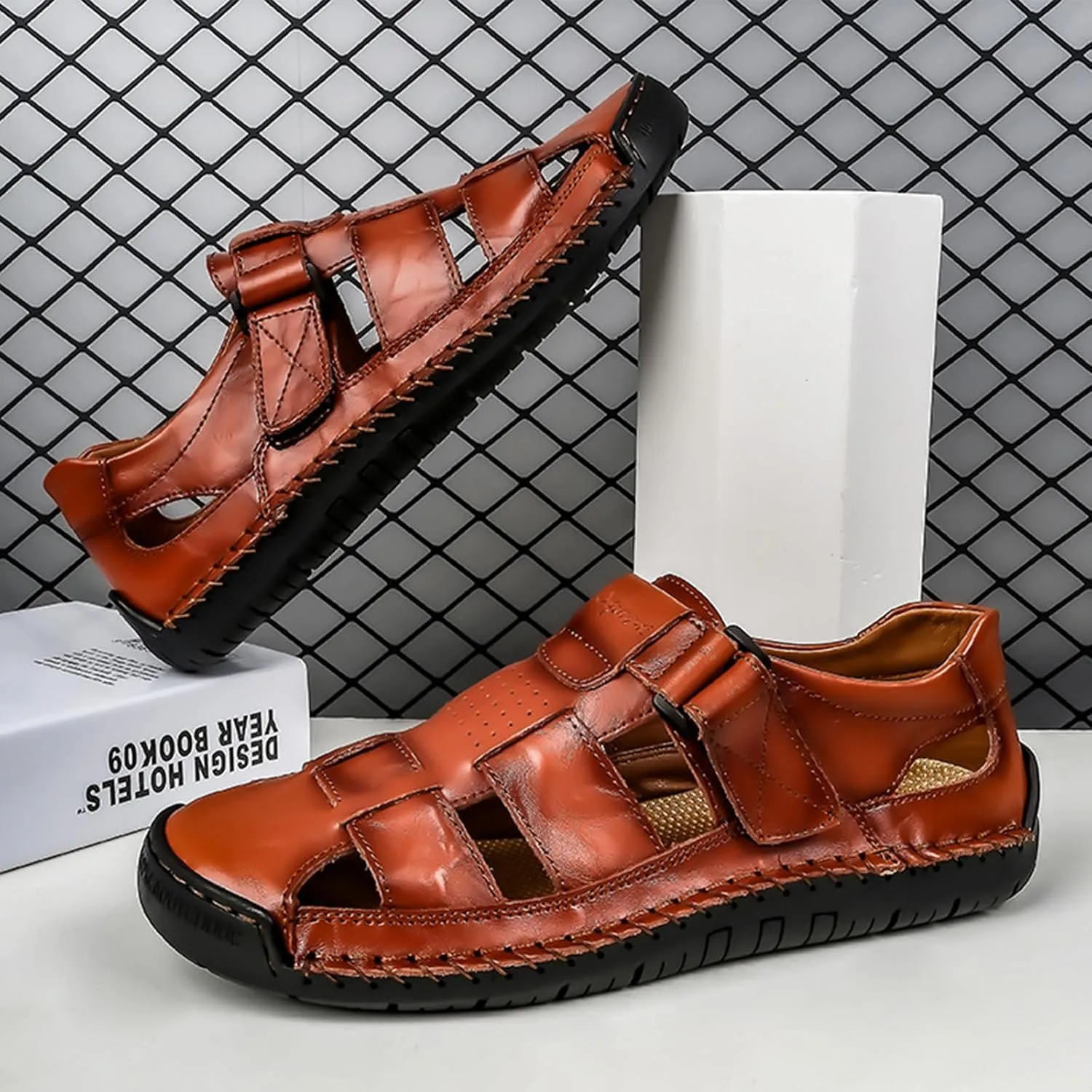 Men's Genuine Leather Handmade Hook Loop Fisherman Sandals Comfortable Hollow Non-Slip Walking Flats Slip On Closed Toe Soft Sole Breathable Summer Loafer Sandals