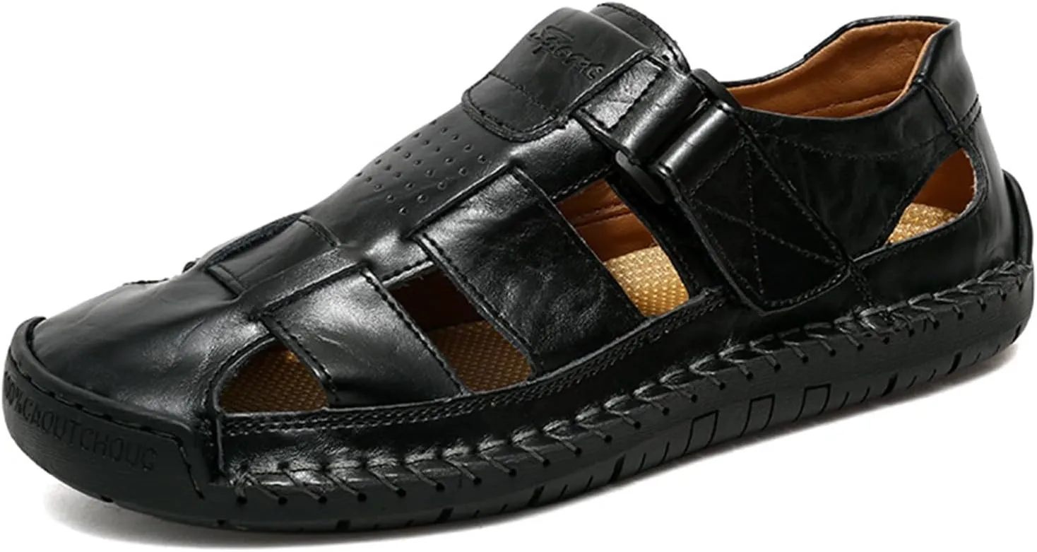 Men's Genuine Leather Handmade Hook Loop Fisherman Sandals Comfortable Hollow Non-Slip Walking Flats Slip On Closed Toe Soft Sole Breathable Summer Loafer Sandals