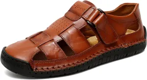 Men's Genuine Leather Handmade Hook Loop Fisherman Sandals Comfortable Hollow Non-Slip Walking Flats Slip On Closed Toe Soft Sole Breathable Summer Loafer Sandals