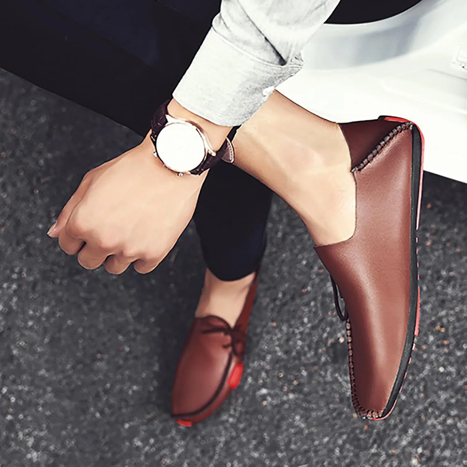 Men's Leather Handmade Penny Loafers Casual Side Lace Up Slip On Moccasins Comfort Dress Boat Shoes Non-Slip Light-Weight Flats Driving Shoes