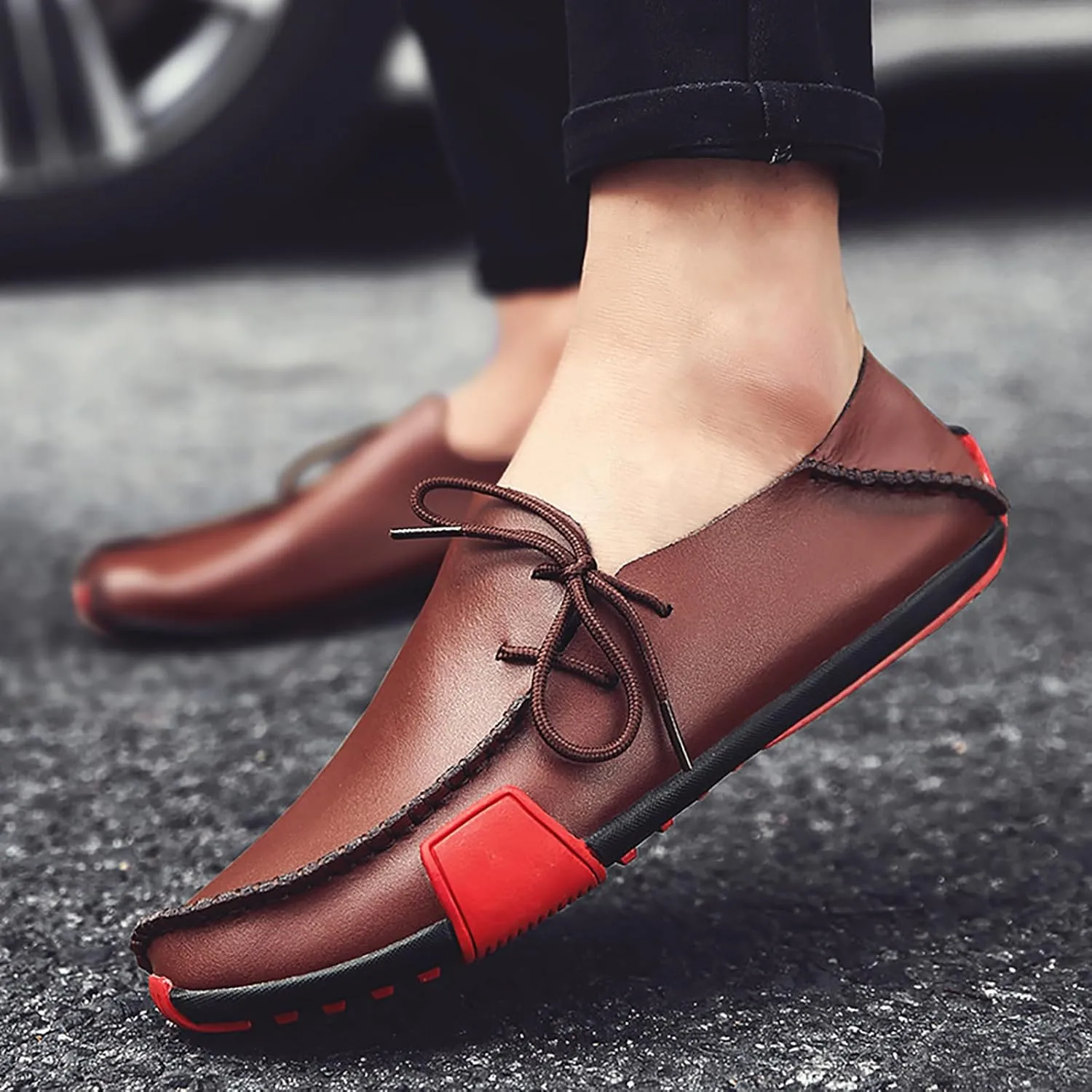 Men's Leather Handmade Penny Loafers Casual Side Lace Up Slip On Moccasins Comfort Dress Boat Shoes Non-Slip Light-Weight Flats Driving Shoes