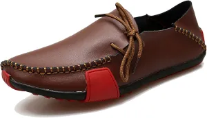 Men's Leather Handmade Penny Loafers Casual Side Lace Up Slip On Moccasins Comfort Dress Boat Shoes Non-Slip Light-Weight Flats Driving Shoes