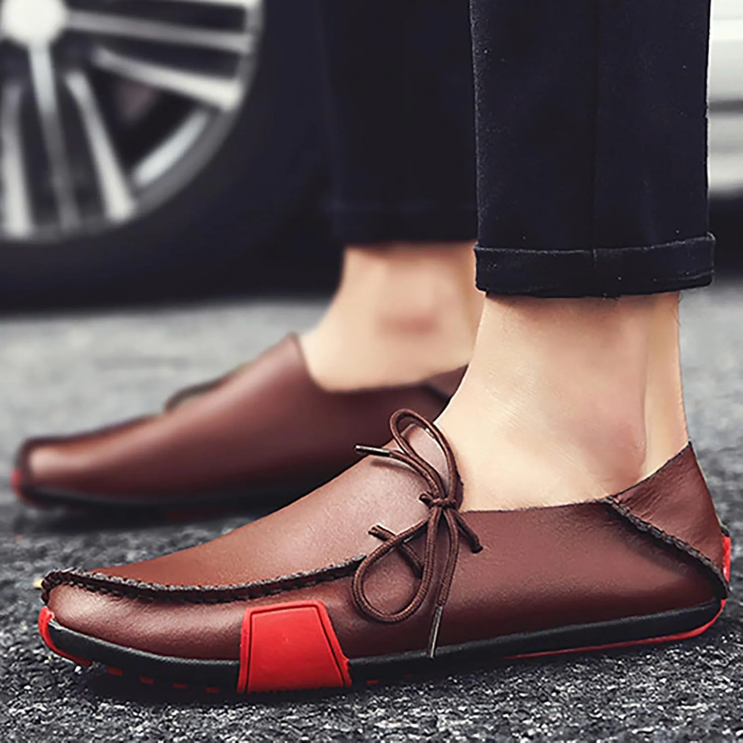 Men's Leather Handmade Penny Loafers Casual Side Lace Up Slip On Moccasins Comfort Dress Boat Shoes Non-Slip Light-Weight Flats Driving Shoes
