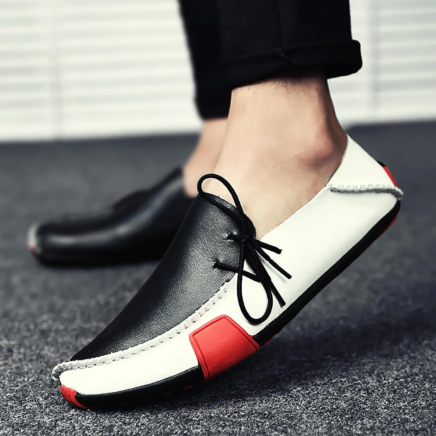 Men's Leather Handmade Penny Loafers Casual Side Lace Up Slip On Moccasins Comfort Dress Boat Shoes Non-Slip Light-Weight Flats Driving Shoes