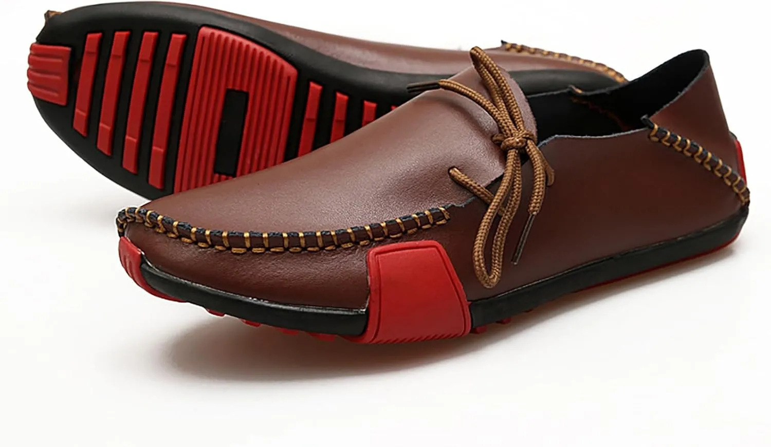 Men's Leather Handmade Penny Loafers Casual Side Lace Up Slip On Moccasins Comfort Dress Boat Shoes Non-Slip Light-Weight Flats Driving Shoes