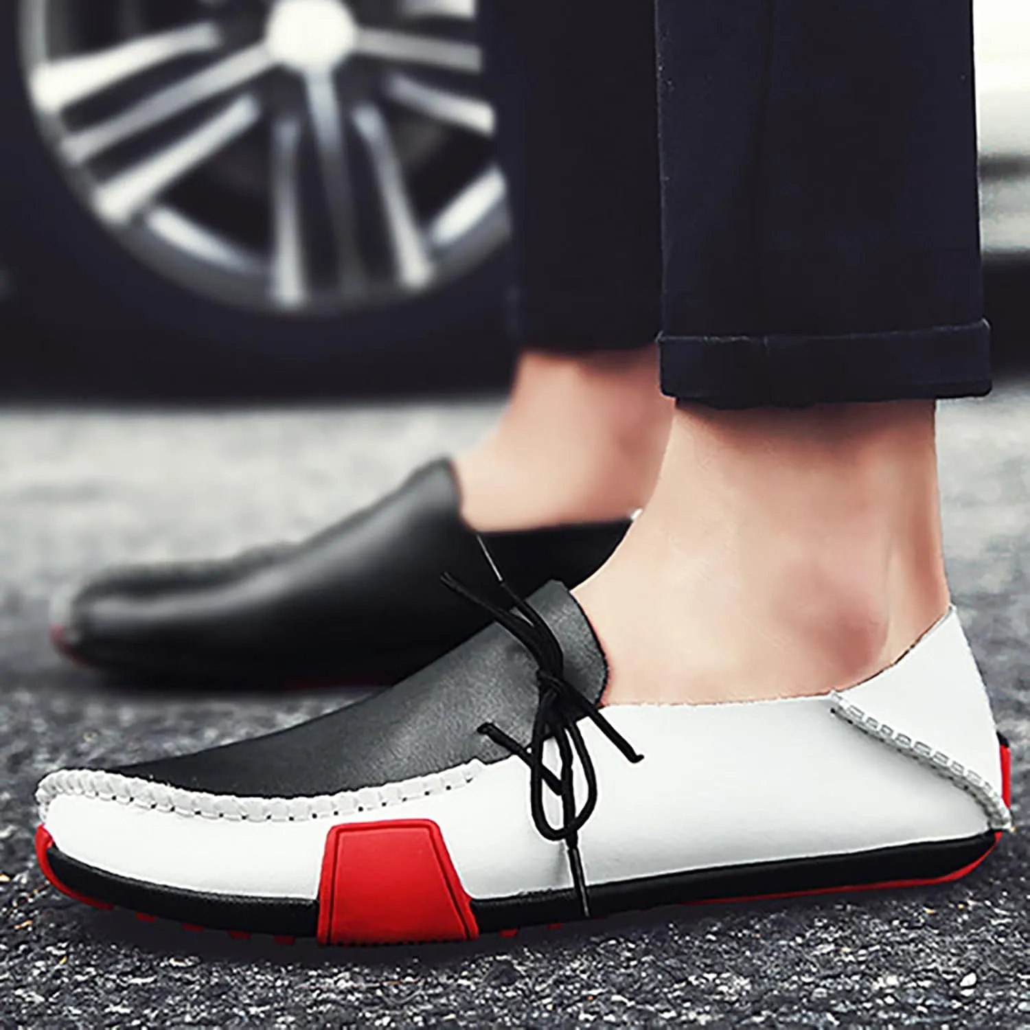 Men's Leather Handmade Penny Loafers Casual Side Lace Up Slip On Moccasins Comfort Dress Boat Shoes Non-Slip Light-Weight Flats Driving Shoes