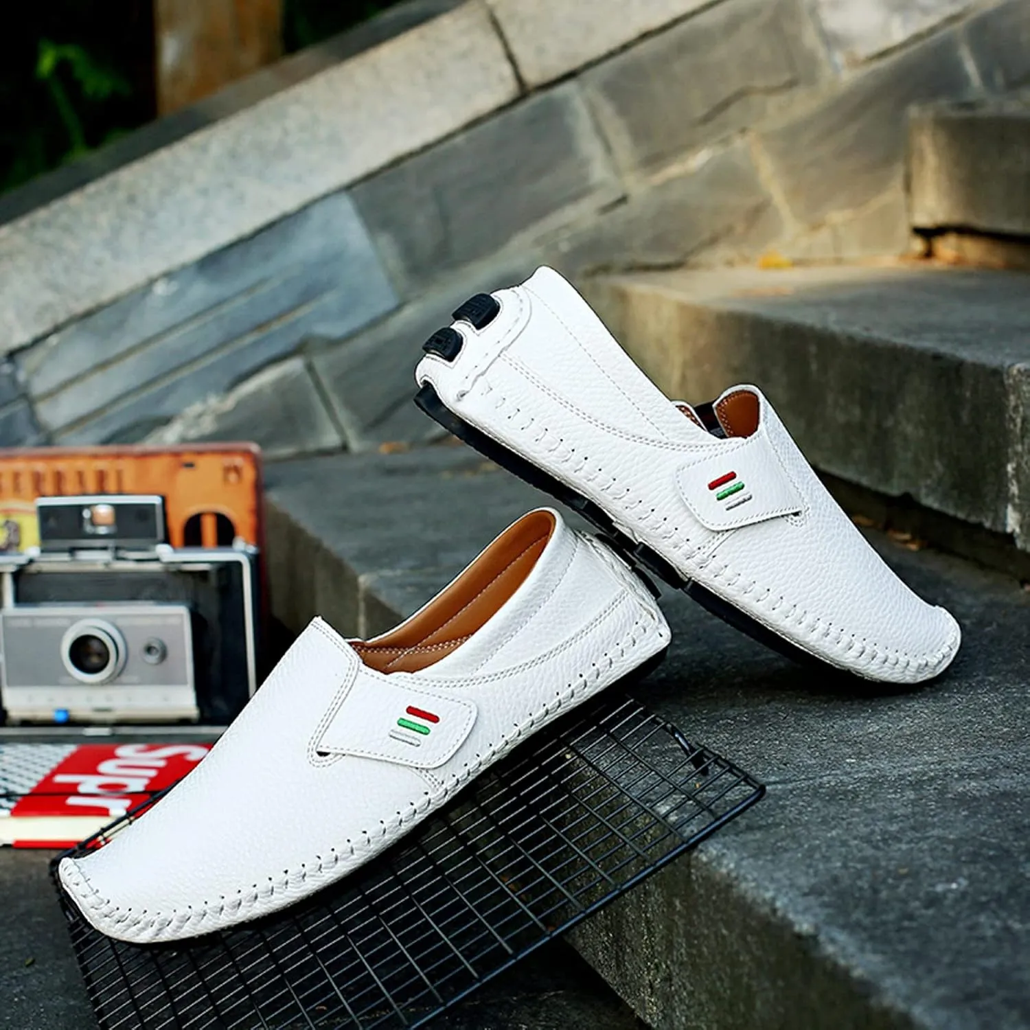 Men's Leather Square Toe Soft Sole Loafers with Hook&Loop,Breathable Comfortable Slip On Flat Moccasin Boat Shoes,Casual Fashion Walking Driving Shoes