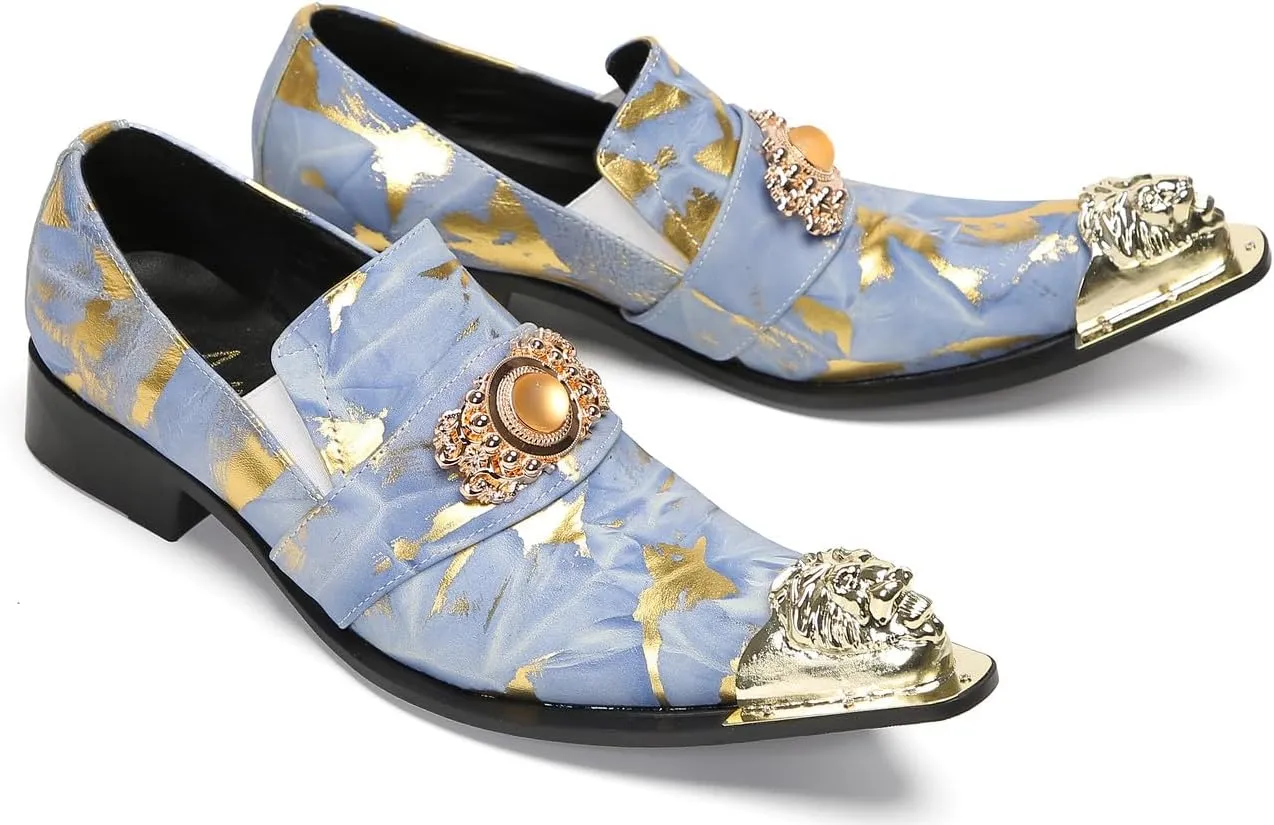 Mens Loafers Casual Party Dress Slip On Penny Loafers Genuine Leather Metal-Tip Toe Gold Diamond Mocassins Fashion Prom Wedding Tuxedo Disco Bar Western Shoes for Men